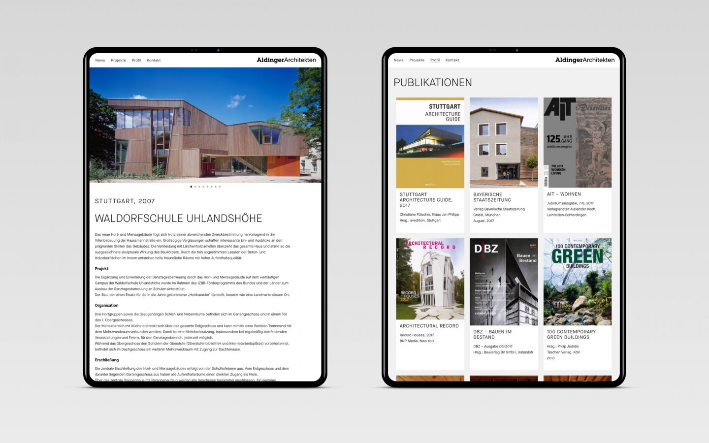 Aldinger Architekten Webdesign Tablet